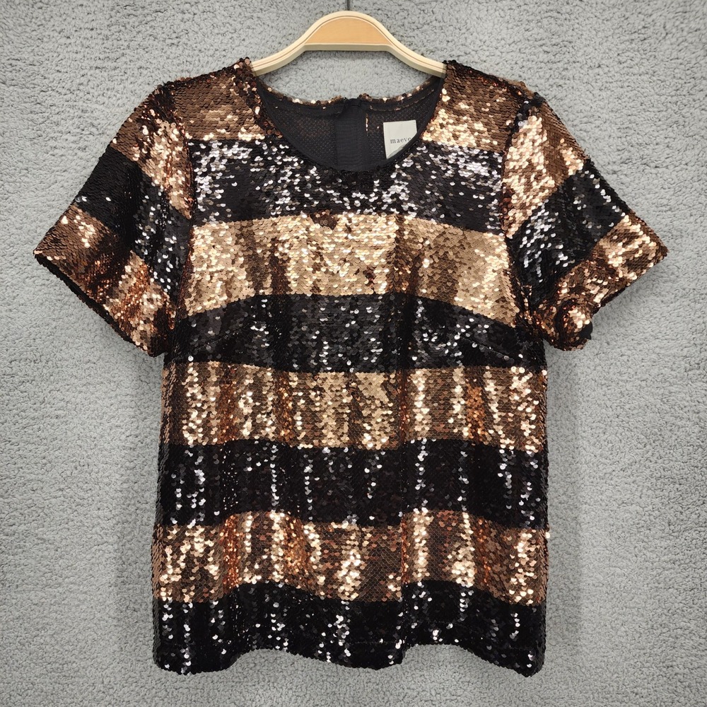 Maeve Anthropologie Sequin Stripe Short Sleeve Top Black Rose Gold Small NWT